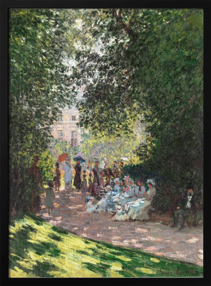 An Impressionist painting of a group of people having a luncheon in a park on a sunny day. Sunlight filters through the dense green leaves of overhead trees, creating a dappled light effect on the figures and the ground. In the background, more people stroll along a path, and a building is visible through the trees. Wall Art