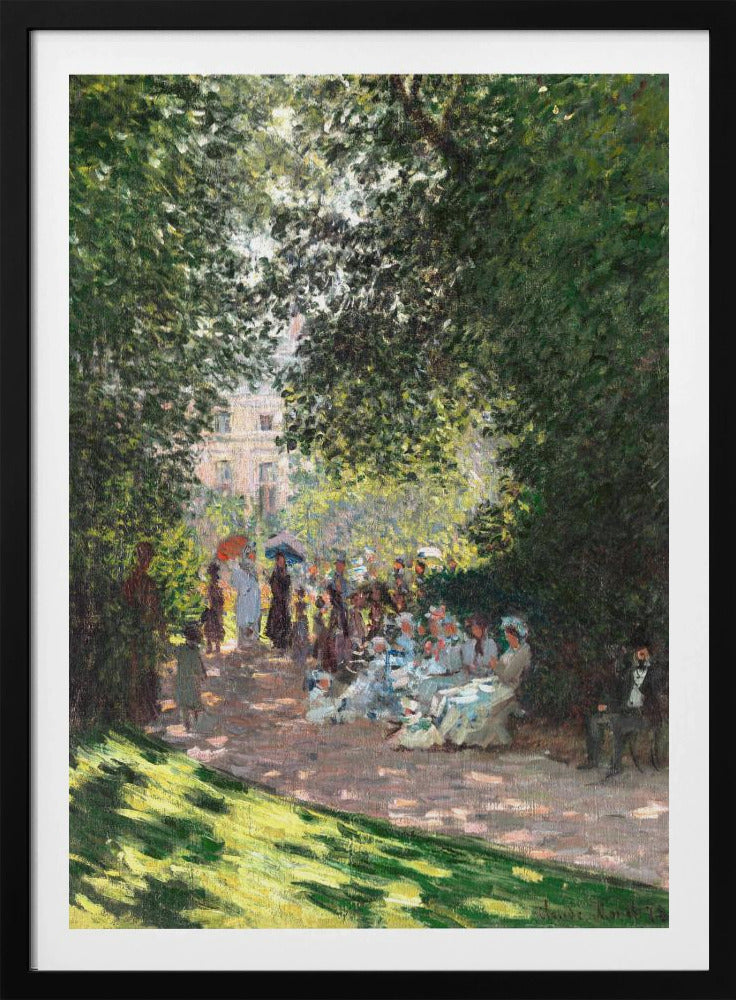 An Impressionist painting of a group of people having a luncheon in a park on a sunny day. Sunlight filters through the dense green leaves of overhead trees, creating a dappled light effect on the figures and the ground. In the background, more people stroll along a path, and a building is visible through the trees. Wall Art