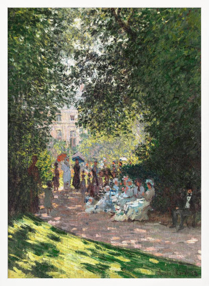 An Impressionist painting of a group of people having a luncheon in a park on a sunny day. Sunlight filters through the dense green leaves of overhead trees, creating a dappled light effect on the figures and the ground. In the background, more people stroll along a path, and a building is visible through the trees. Wall Art