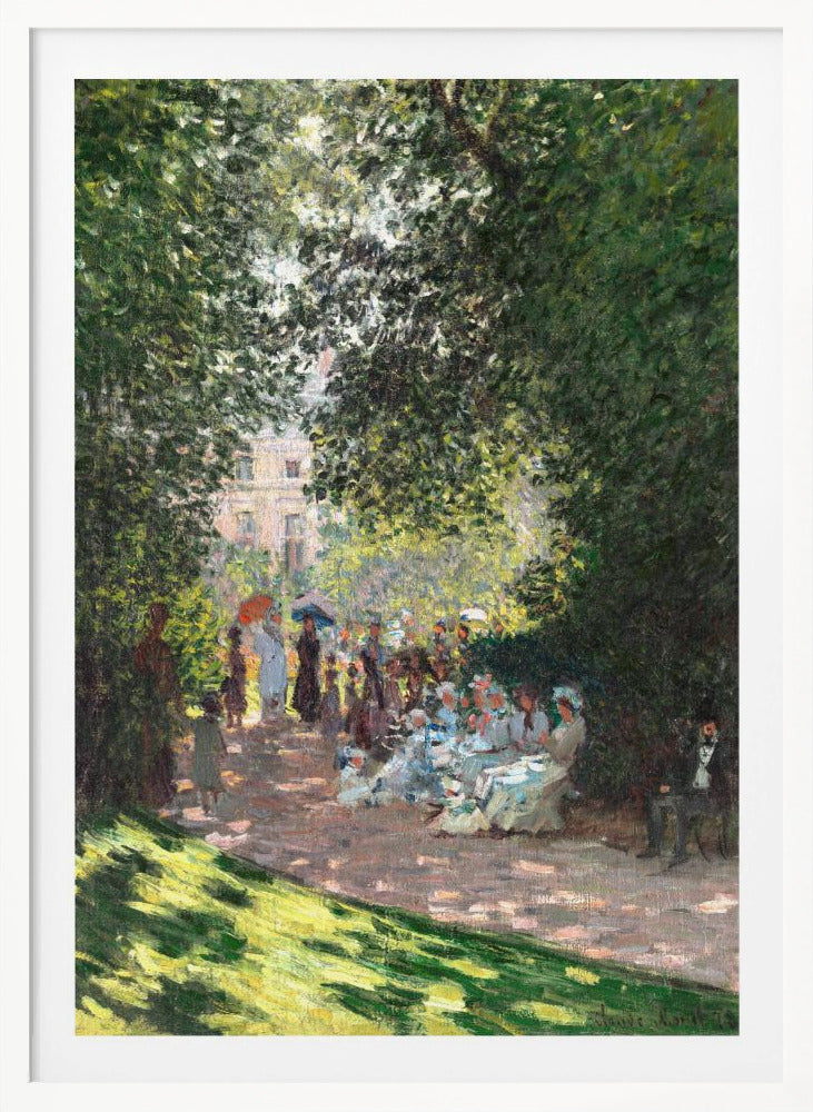 An Impressionist painting of a group of people having a luncheon in a park on a sunny day. Sunlight filters through the dense green leaves of overhead trees, creating a dappled light effect on the figures and the ground. In the background, more people stroll along a path, and a building is visible through the trees. Wall Art