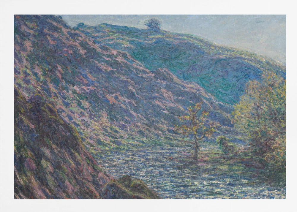 A framed Impressionist painting depicting a river valley. A steep hillside with purple and blue tones dominates the left, while a sun-dappled river flows below. In the distance, gentle green and blue hills rise against a pale sky. Artwork