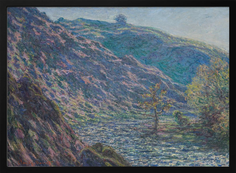 A framed Impressionist painting depicting a river valley. A steep hillside with purple and blue tones dominates the left, while a sun-dappled river flows below. In the distance, gentle green and blue hills rise against a pale sky. Artwork