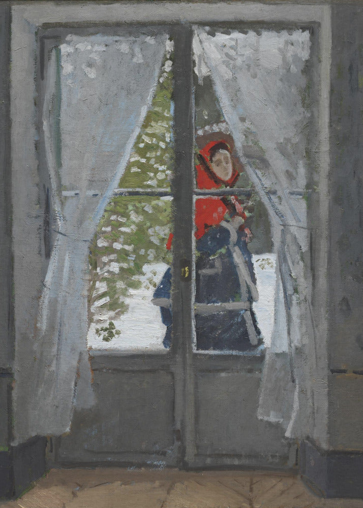 An impressionistic oil painting viewed from inside a room, looking out a glass door into a snowy landscape. A figure in a bright red hood and dark clothing stands outside, partially visible between sheer white curtains. The scene is framed by a dark grey door and a simple black picture frame. Poster