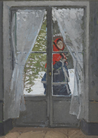 An impressionistic oil painting viewed from inside a room, looking out a glass door into a snowy landscape. A figure in a bright red hood and dark clothing stands outside, partially visible between sheer white curtains. The scene is framed by a dark grey door and a simple black picture frame. Poster