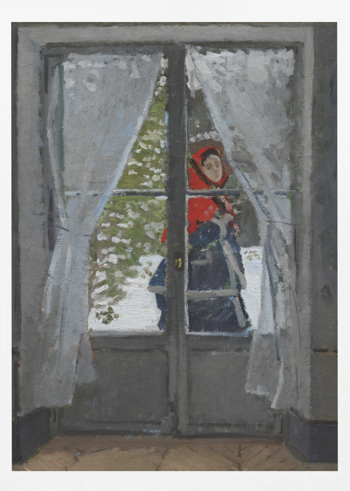 An impressionistic oil painting viewed from inside a room, looking out a glass door into a snowy landscape. A figure in a bright red hood and dark clothing stands outside, partially visible between sheer white curtains. The scene is framed by a dark grey door and a simple black picture frame. Poster