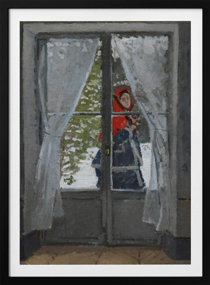 An impressionistic oil painting viewed from inside a room, looking out a glass door into a snowy landscape. A figure in a bright red hood and dark clothing stands outside, partially visible between sheer white curtains. The scene is framed by a dark grey door and a simple black picture frame. Poster