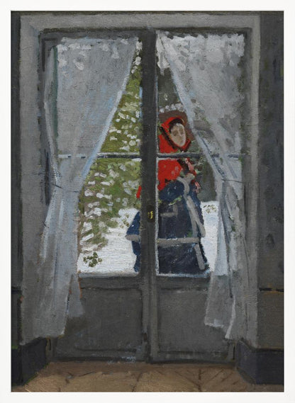 An impressionistic oil painting viewed from inside a room, looking out a glass door into a snowy landscape. A figure in a bright red hood and dark clothing stands outside, partially visible between sheer white curtains. The scene is framed by a dark grey door and a simple black picture frame. Poster