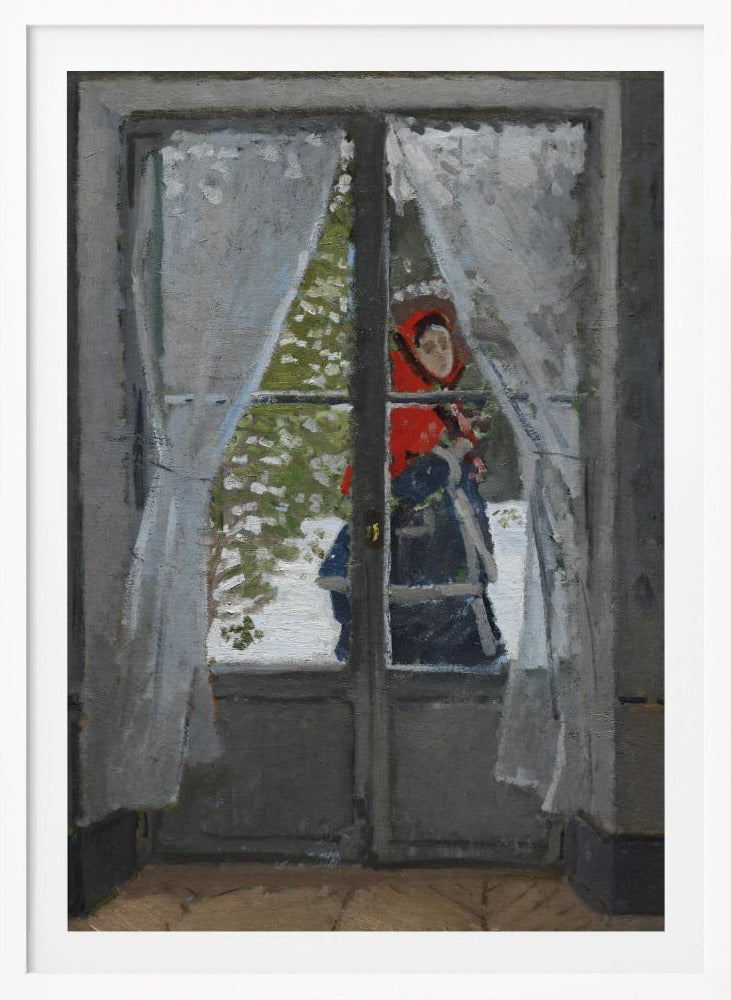 An impressionistic oil painting viewed from inside a room, looking out a glass door into a snowy landscape. A figure in a bright red hood and dark clothing stands outside, partially visible between sheer white curtains. The scene is framed by a dark grey door and a simple black picture frame. Poster