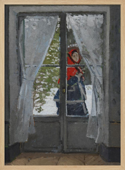 An impressionistic oil painting viewed from inside a room, looking out a glass door into a snowy landscape. A figure in a bright red hood and dark clothing stands outside, partially visible between sheer white curtains. The scene is framed by a dark grey door and a simple black picture frame. Poster