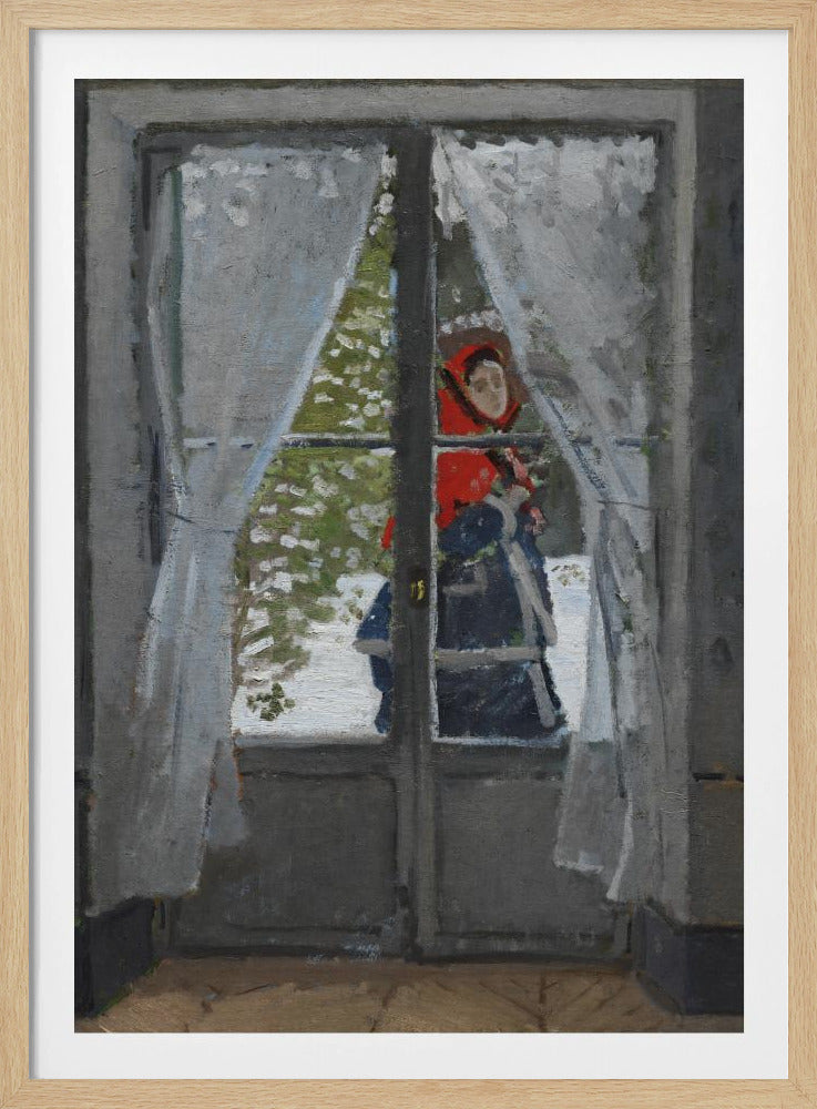 An impressionistic oil painting viewed from inside a room, looking out a glass door into a snowy landscape. A figure in a bright red hood and dark clothing stands outside, partially visible between sheer white curtains. The scene is framed by a dark grey door and a simple black picture frame. Poster
