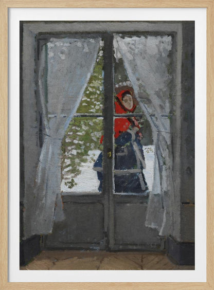 An impressionistic oil painting viewed from inside a room, looking out a glass door into a snowy landscape. A figure in a bright red hood and dark clothing stands outside, partially visible between sheer white curtains. The scene is framed by a dark grey door and a simple black picture frame. Poster