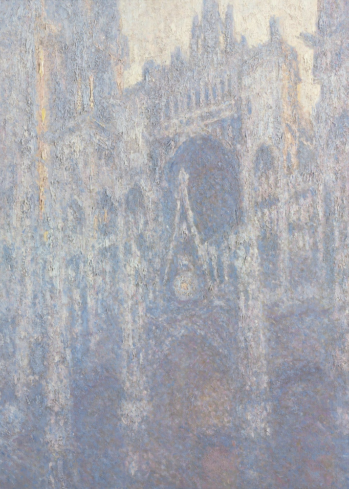 An Impressionist painting by Claude Monet depicting the Rouen Cathedral. The view is a close-up of the facade, rendered in hazy, textured brushstrokes with a predominantly blue, gray, and pale yellow color palette, suggesting early morning light or fog. The painting is enclosed in a simple black frame. Artwork