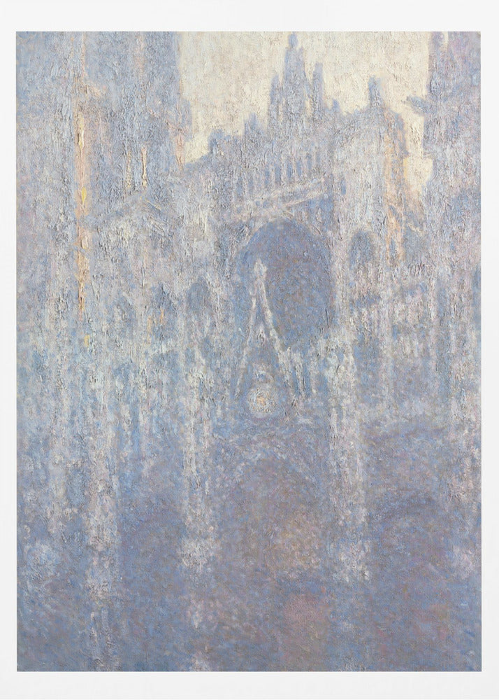 An Impressionist painting by Claude Monet depicting the Rouen Cathedral. The view is a close-up of the facade, rendered in hazy, textured brushstrokes with a predominantly blue, gray, and pale yellow color palette, suggesting early morning light or fog. The painting is enclosed in a simple black frame. Artwork