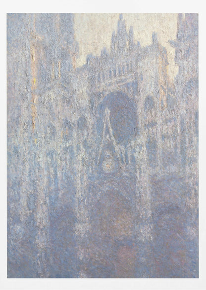 An Impressionist painting by Claude Monet depicting the Rouen Cathedral. The view is a close-up of the facade, rendered in hazy, textured brushstrokes with a predominantly blue, gray, and pale yellow color palette, suggesting early morning light or fog. The painting is enclosed in a simple black frame. Artwork