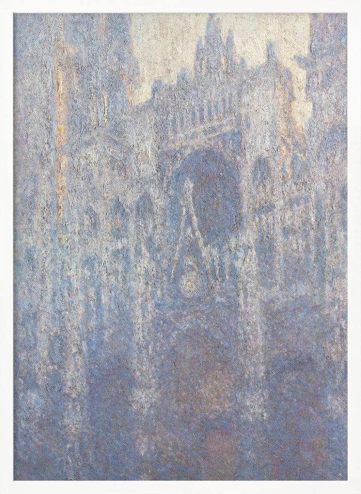 An Impressionist painting by Claude Monet depicting the Rouen Cathedral. The view is a close-up of the facade, rendered in hazy, textured brushstrokes with a predominantly blue, gray, and pale yellow color palette, suggesting early morning light or fog. The painting is enclosed in a simple black frame. Artwork