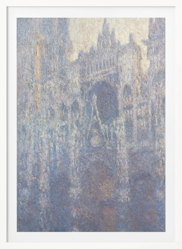 An Impressionist painting by Claude Monet depicting the Rouen Cathedral. The view is a close-up of the facade, rendered in hazy, textured brushstrokes with a predominantly blue, gray, and pale yellow color palette, suggesting early morning light or fog. The painting is enclosed in a simple black frame. Artwork