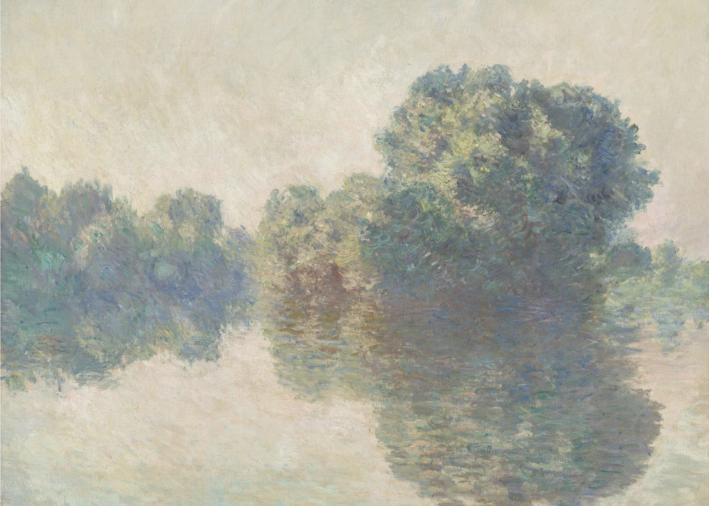 An Impressionist landscape painting of lush green trees reflecting on the calm, hazy water of a river. The soft, muted colors and gentle brushstrokes create a serene and peaceful scene, framed in silver. Artwork