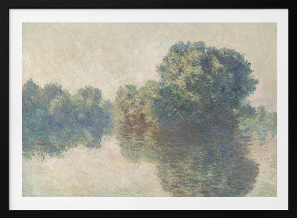 An Impressionist landscape painting of lush green trees reflecting on the calm, hazy water of a river. The soft, muted colors and gentle brushstrokes create a serene and peaceful scene, framed in silver. Artwork
