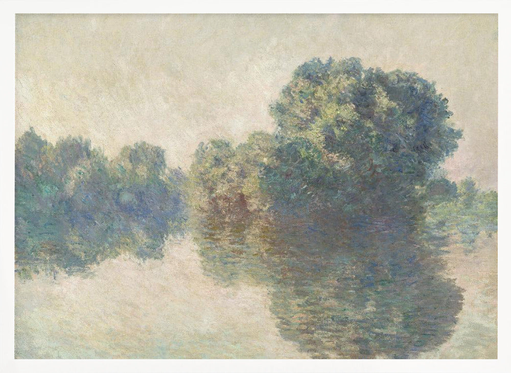 An Impressionist landscape painting of lush green trees reflecting on the calm, hazy water of a river. The soft, muted colors and gentle brushstrokes create a serene and peaceful scene, framed in silver. Artwork