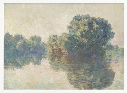 An Impressionist landscape painting of lush green trees reflecting on the calm, hazy water of a river. The soft, muted colors and gentle brushstrokes create a serene and peaceful scene, framed in silver. Artwork