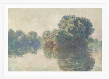 An Impressionist landscape painting of lush green trees reflecting on the calm, hazy water of a river. The soft, muted colors and gentle brushstrokes create a serene and peaceful scene, framed in silver. Artwork