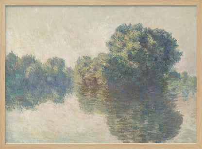 An Impressionist landscape painting of lush green trees reflecting on the calm, hazy water of a river. The soft, muted colors and gentle brushstrokes create a serene and peaceful scene, framed in silver. Artwork