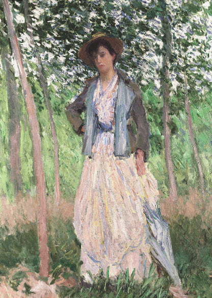 An impressionist painting of a woman standing in a sun-dappled forest. She wears a long, pale dress, a blue-grey jacket, and a brown hat, looking down thoughtfully while holding a parasol. Wall Art