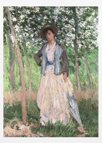 An impressionist painting of a woman standing in a sun-dappled forest. She wears a long, pale dress, a blue-grey jacket, and a brown hat, looking down thoughtfully while holding a parasol. Wall Art