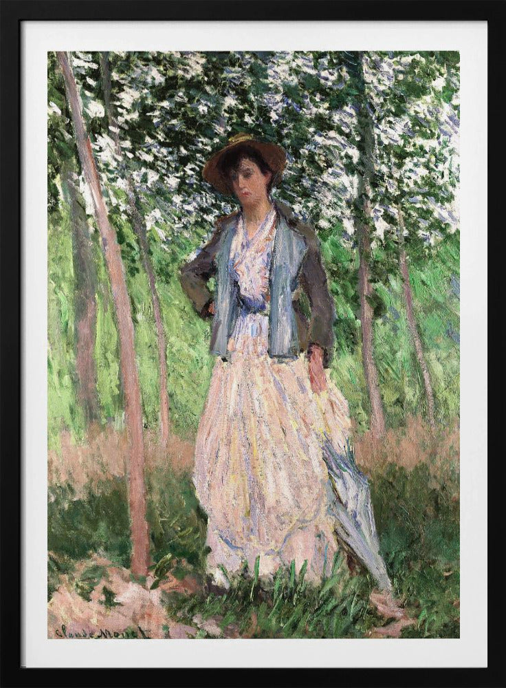 An impressionist painting of a woman standing in a sun-dappled forest. She wears a long, pale dress, a blue-grey jacket, and a brown hat, looking down thoughtfully while holding a parasol. Wall Art