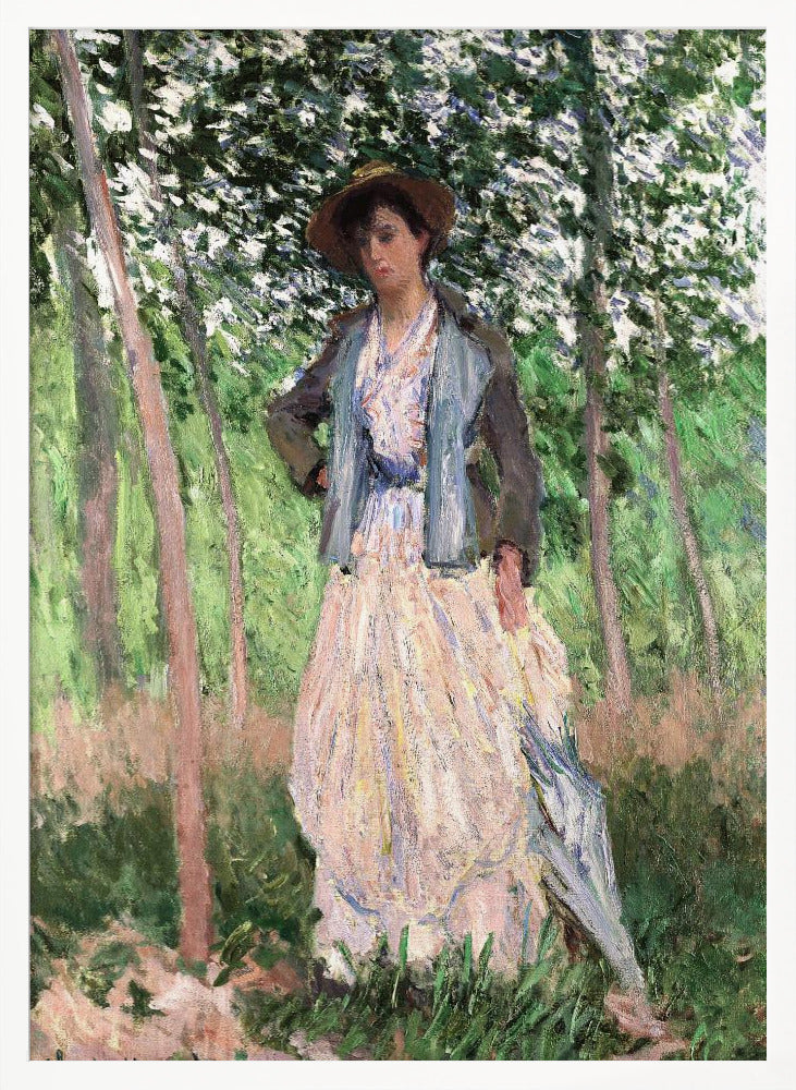 An impressionist painting of a woman standing in a sun-dappled forest. She wears a long, pale dress, a blue-grey jacket, and a brown hat, looking down thoughtfully while holding a parasol. Wall Art