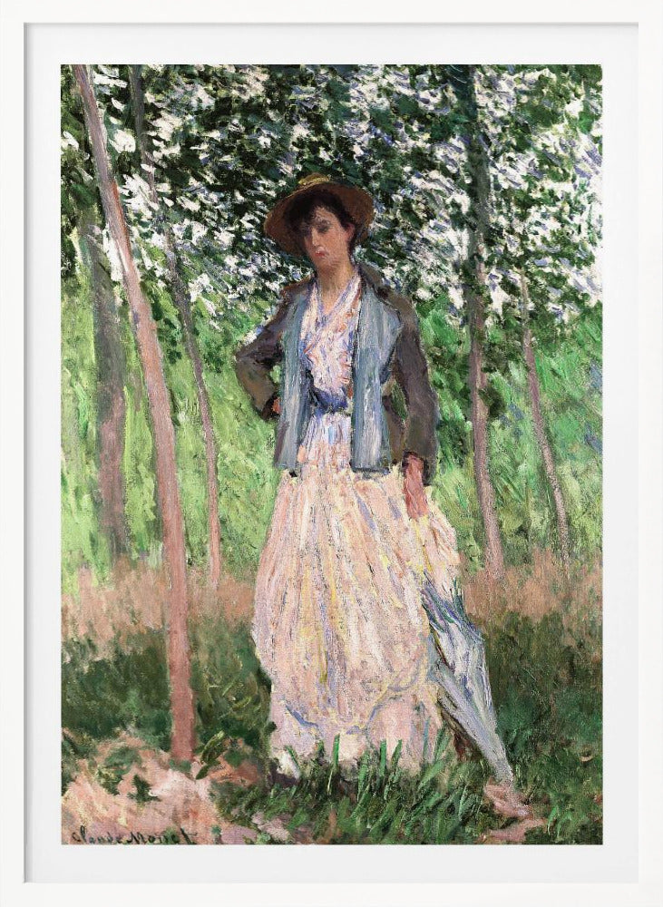 An impressionist painting of a woman standing in a sun-dappled forest. She wears a long, pale dress, a blue-grey jacket, and a brown hat, looking down thoughtfully while holding a parasol. Wall Art