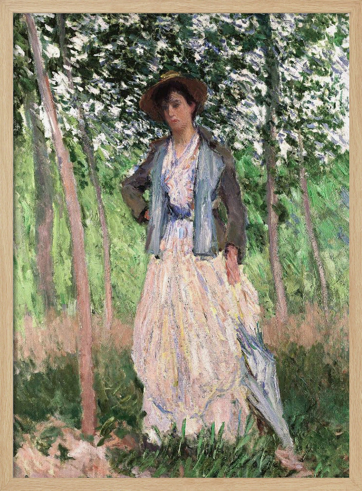 An impressionist painting of a woman standing in a sun-dappled forest. She wears a long, pale dress, a blue-grey jacket, and a brown hat, looking down thoughtfully while holding a parasol. Wall Art