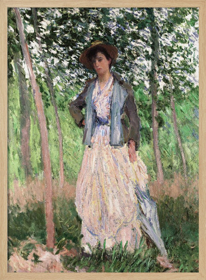 An impressionist painting of a woman standing in a sun-dappled forest. She wears a long, pale dress, a blue-grey jacket, and a brown hat, looking down thoughtfully while holding a parasol. Wall Art