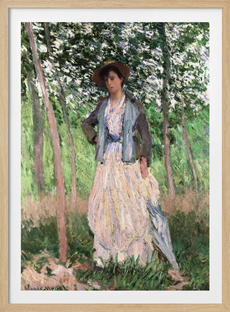 An impressionist painting of a woman standing in a sun-dappled forest. She wears a long, pale dress, a blue-grey jacket, and a brown hat, looking down thoughtfully while holding a parasol. Wall Art