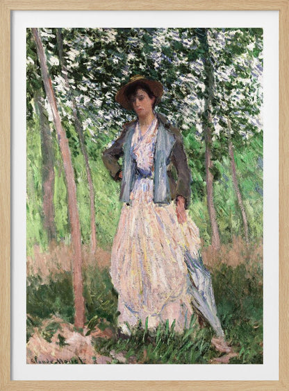 An impressionist painting of a woman standing in a sun-dappled forest. She wears a long, pale dress, a blue-grey jacket, and a brown hat, looking down thoughtfully while holding a parasol. Wall Art
