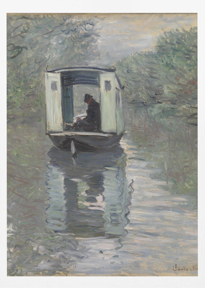 An Impressionist painting by Claude Monet titled 'The Studio Boat,' depicting a figure in a hat and dark coat sitting inside a small, white-paneled boat on a calm, grey-green river. The scene is enveloped in a soft, hazy light, with blurry trees lining the banks and a strong, rippling reflection of the boat in the water. Artwork