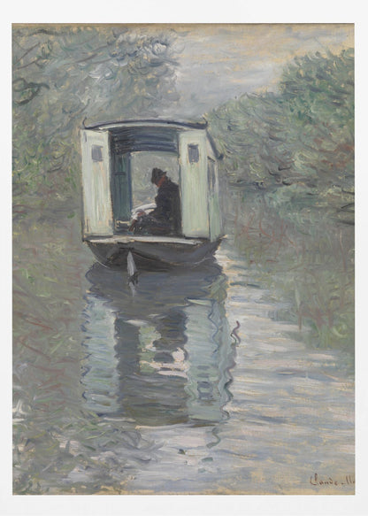 An Impressionist painting by Claude Monet titled 'The Studio Boat,' depicting a figure in a hat and dark coat sitting inside a small, white-paneled boat on a calm, grey-green river. The scene is enveloped in a soft, hazy light, with blurry trees lining the banks and a strong, rippling reflection of the boat in the water. Artwork