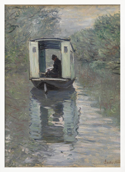 An Impressionist painting by Claude Monet titled 'The Studio Boat,' depicting a figure in a hat and dark coat sitting inside a small, white-paneled boat on a calm, grey-green river. The scene is enveloped in a soft, hazy light, with blurry trees lining the banks and a strong, rippling reflection of the boat in the water. Artwork