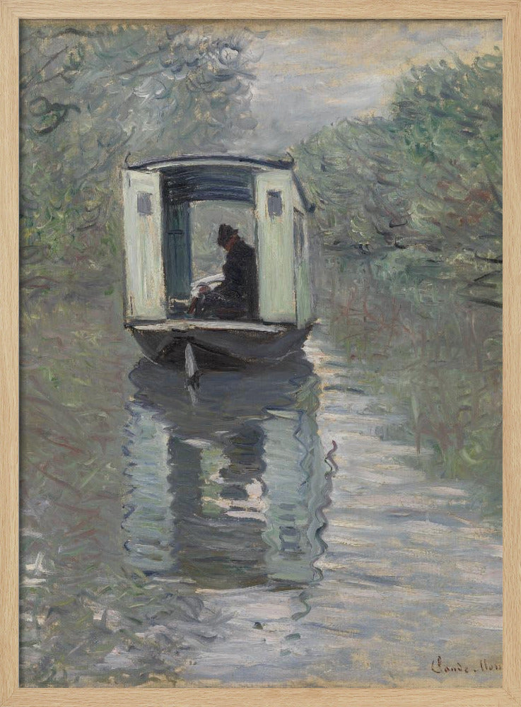 An Impressionist painting by Claude Monet titled 'The Studio Boat,' depicting a figure in a hat and dark coat sitting inside a small, white-paneled boat on a calm, grey-green river. The scene is enveloped in a soft, hazy light, with blurry trees lining the banks and a strong, rippling reflection of the boat in the water. Artwork