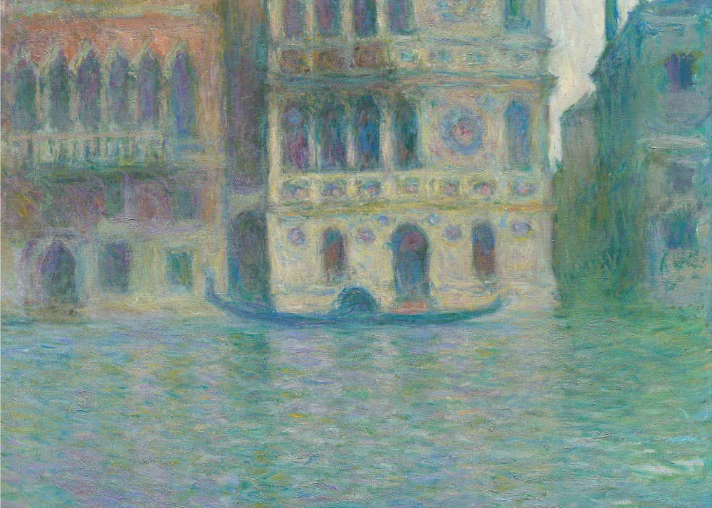 An impressionist painting depicting ornate Venetian palaces along a canal. The buildings are rendered in soft yellows, oranges, and purples, while the water is a textured expanse of blues and greens. A solitary gondola floats in the water. The artwork is presented in a simple silver frame. Poster