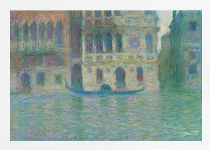 An impressionist painting depicting ornate Venetian palaces along a canal. The buildings are rendered in soft yellows, oranges, and purples, while the water is a textured expanse of blues and greens. A solitary gondola floats in the water. The artwork is presented in a simple silver frame. Poster