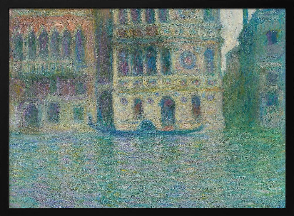 An impressionist painting depicting ornate Venetian palaces along a canal. The buildings are rendered in soft yellows, oranges, and purples, while the water is a textured expanse of blues and greens. A solitary gondola floats in the water. The artwork is presented in a simple silver frame. Poster