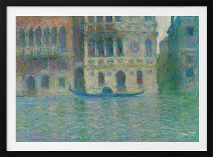 An impressionist painting depicting ornate Venetian palaces along a canal. The buildings are rendered in soft yellows, oranges, and purples, while the water is a textured expanse of blues and greens. A solitary gondola floats in the water. The artwork is presented in a simple silver frame. Poster