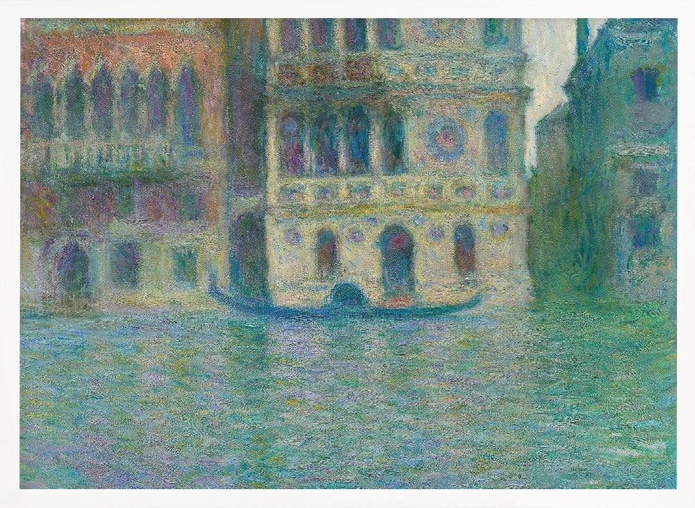 An impressionist painting depicting ornate Venetian palaces along a canal. The buildings are rendered in soft yellows, oranges, and purples, while the water is a textured expanse of blues and greens. A solitary gondola floats in the water. The artwork is presented in a simple silver frame. Poster