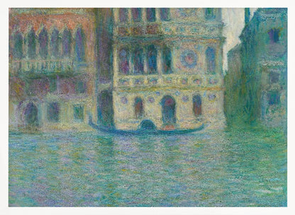 An impressionist painting depicting ornate Venetian palaces along a canal. The buildings are rendered in soft yellows, oranges, and purples, while the water is a textured expanse of blues and greens. A solitary gondola floats in the water. The artwork is presented in a simple silver frame. Poster