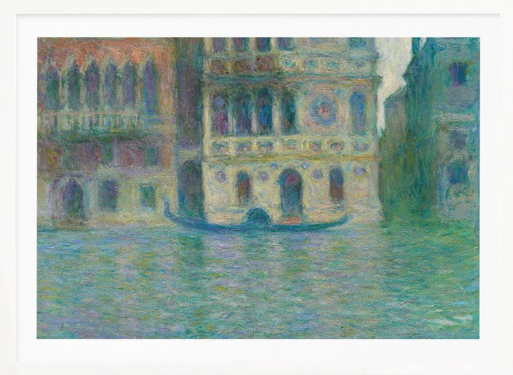 An impressionist painting depicting ornate Venetian palaces along a canal. The buildings are rendered in soft yellows, oranges, and purples, while the water is a textured expanse of blues and greens. A solitary gondola floats in the water. The artwork is presented in a simple silver frame. Poster