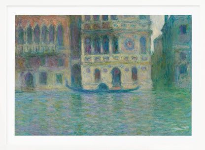 An impressionist painting depicting ornate Venetian palaces along a canal. The buildings are rendered in soft yellows, oranges, and purples, while the water is a textured expanse of blues and greens. A solitary gondola floats in the water. The artwork is presented in a simple silver frame. Poster