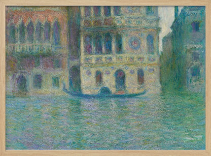 An impressionist painting depicting ornate Venetian palaces along a canal. The buildings are rendered in soft yellows, oranges, and purples, while the water is a textured expanse of blues and greens. A solitary gondola floats in the water. The artwork is presented in a simple silver frame. Poster