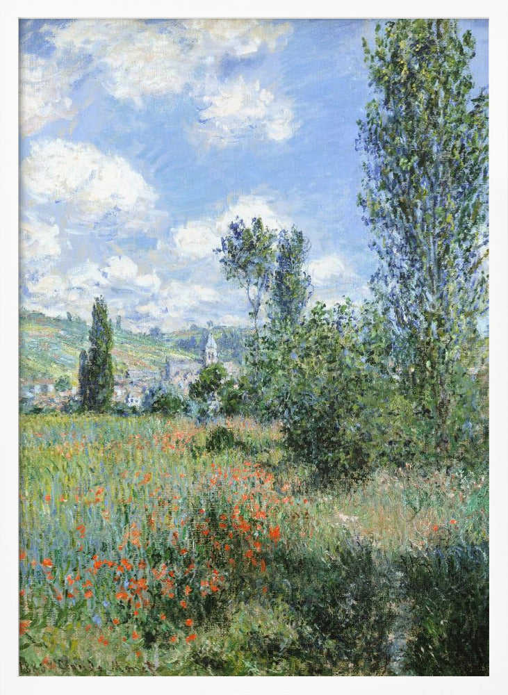 An impressionist painting depicting a vibrant green field filled with red poppies under a bright blue sky with fluffy white clouds. Tall green trees stand on the right, and in the distance, a small village with a church steeple is nestled in the rolling hills. Decor