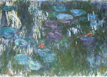 An impressionist painting by Claude Monet of his water lily pond. The canvas is filled with cool tones of green, blue, and purple depicting the water and lily pads. Short, vertical brushstrokes of white and yellow suggest the reflection of light on the water's surface, while small dabs of orange indicate blooming flowers. The entire painting is enclosed in a modern silver frame. Artwork